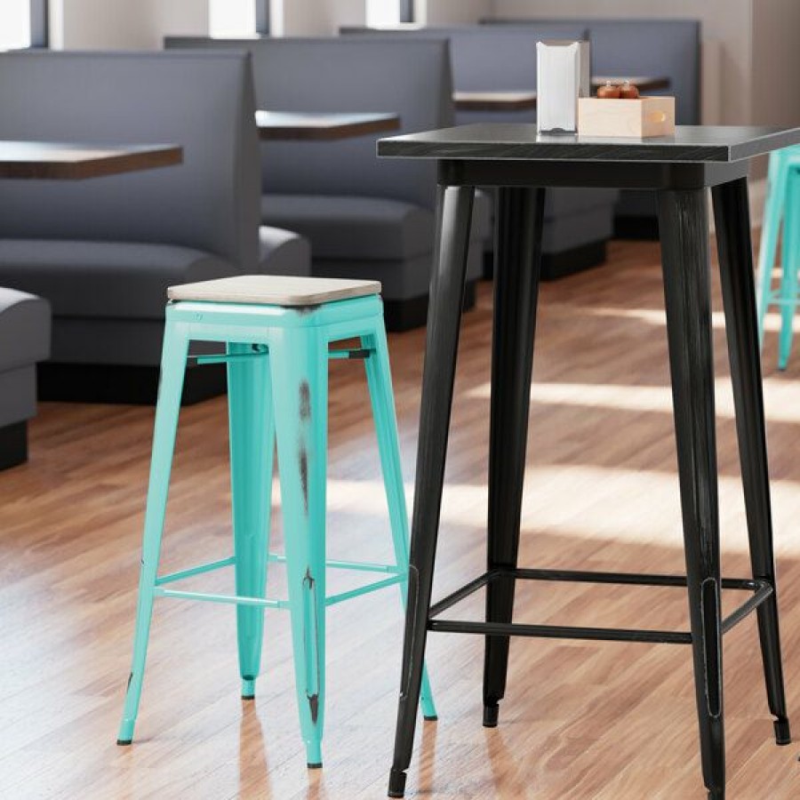 Restaurant Bar Stools * | New Lt&S Alloy Series Lancaster Table & Seating Alloy Series Distressed Seafoam Stackable Metal Indoor Industrial Barstool With Gray Wood Seat