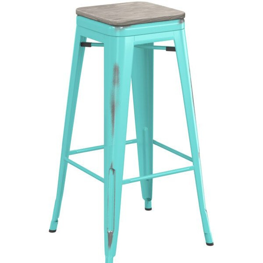 Restaurant Bar Stools * | New Lt&S Alloy Series Lancaster Table & Seating Alloy Series Distressed Seafoam Stackable Metal Indoor Industrial Barstool With Gray Wood Seat