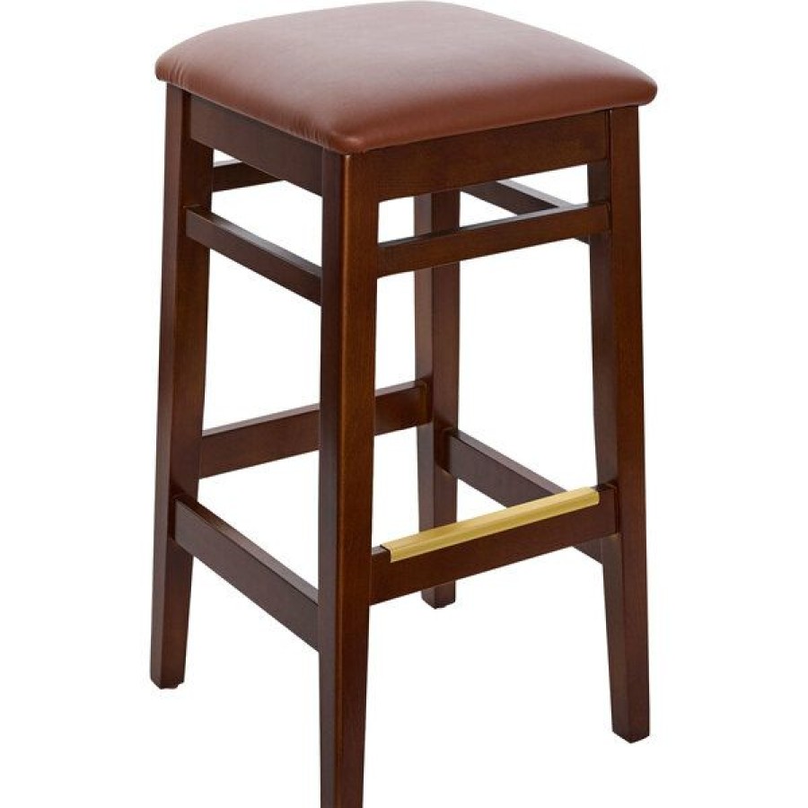 Restaurant Bar Stools * | Flash Sale Bfm Seating Stockton Dark Walnut Beechwood Square Backless Barstool With 2 Light Brown Vinyl Seat