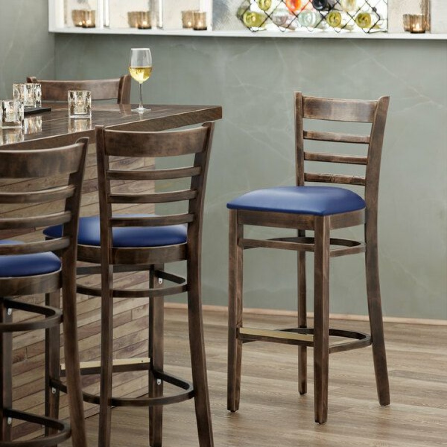 Restaurant Bar Stools * | Wholesale Lancaster Table & Seating Antique Copper Ladder Back Bar Height Chair With Navy Padded Seat