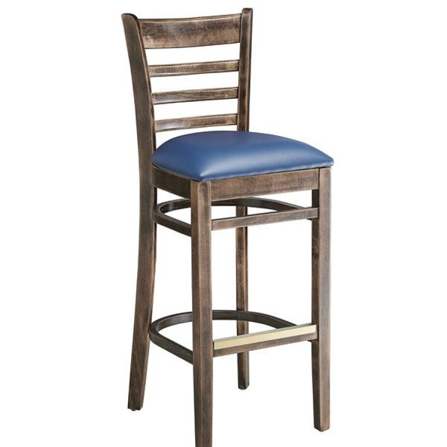 Restaurant Bar Stools * | Wholesale Lancaster Table & Seating Antique Copper Ladder Back Bar Height Chair With Navy Padded Seat