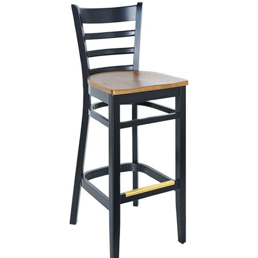 Restaurant Bar Stools * | Deals Bfm Seating Berkeley Black Beechwood Ladder Back Barstool With Autumn Ash Wood Seat