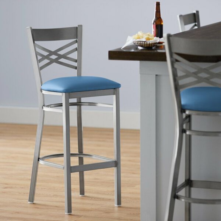 Restaurant Bar Stools * | Discount Lancaster Table & Seating Clear Coat Cross Back Bar Height Chair With Blue Padded Seat