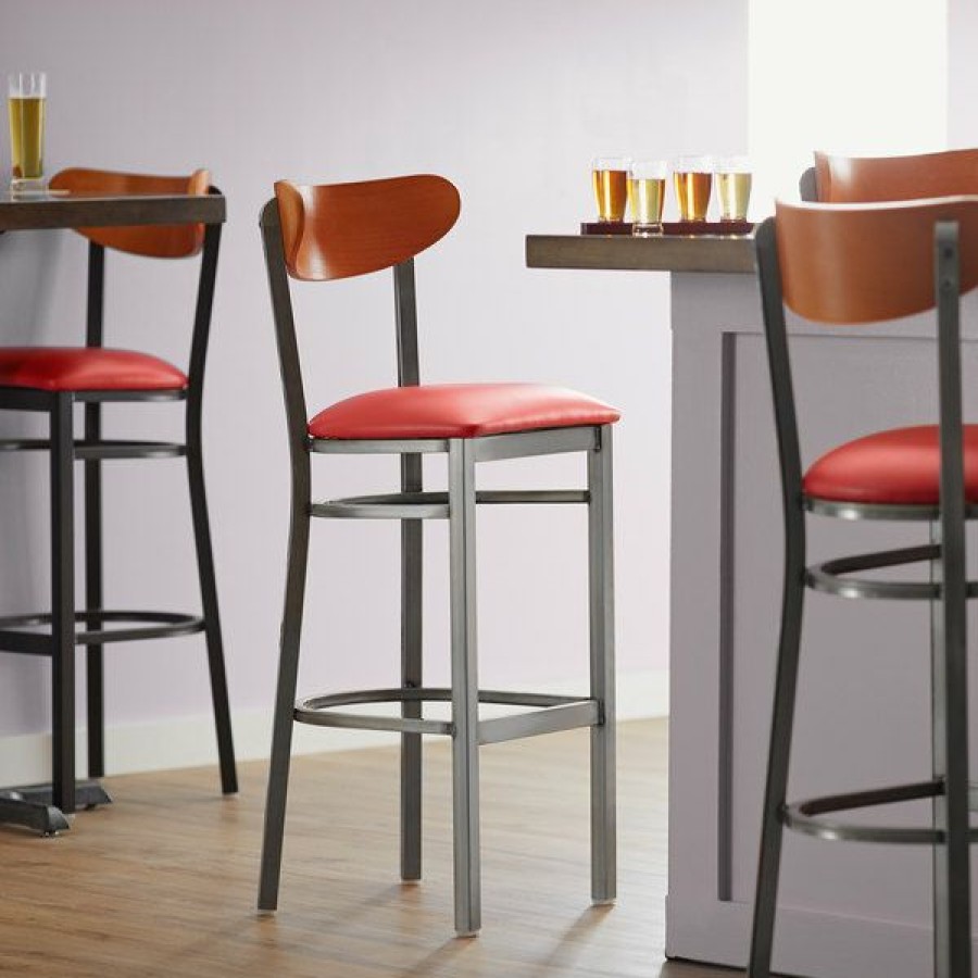 Restaurant Bar Stools * | Flash Sale Lt&S Boomerang Series Lancaster Table & Seating Boomerang Bar Height Clear Coat Chair With Red Vinyl Seat And Cherry Back