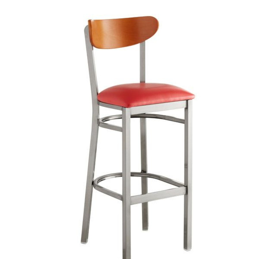 Restaurant Bar Stools * | Flash Sale Lt&S Boomerang Series Lancaster Table & Seating Boomerang Bar Height Clear Coat Chair With Red Vinyl Seat And Cherry Back