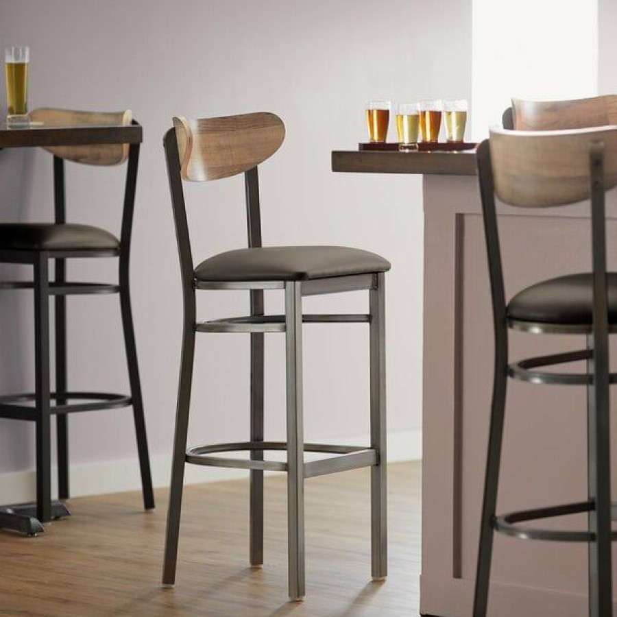 Restaurant Bar Stools * | New Lt&S Boomerang Series Lancaster Table & Seating Boomerang Bar Height Clear Coat Chair With Taupe Vinyl Seat And Driftwood Back