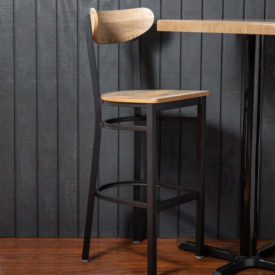 Restaurant Bar Stools * | Cheap Lt&S Boomerang Series Lancaster Table & Seating Boomerang Bar Height Black Chair With Driftwood Seat And Back