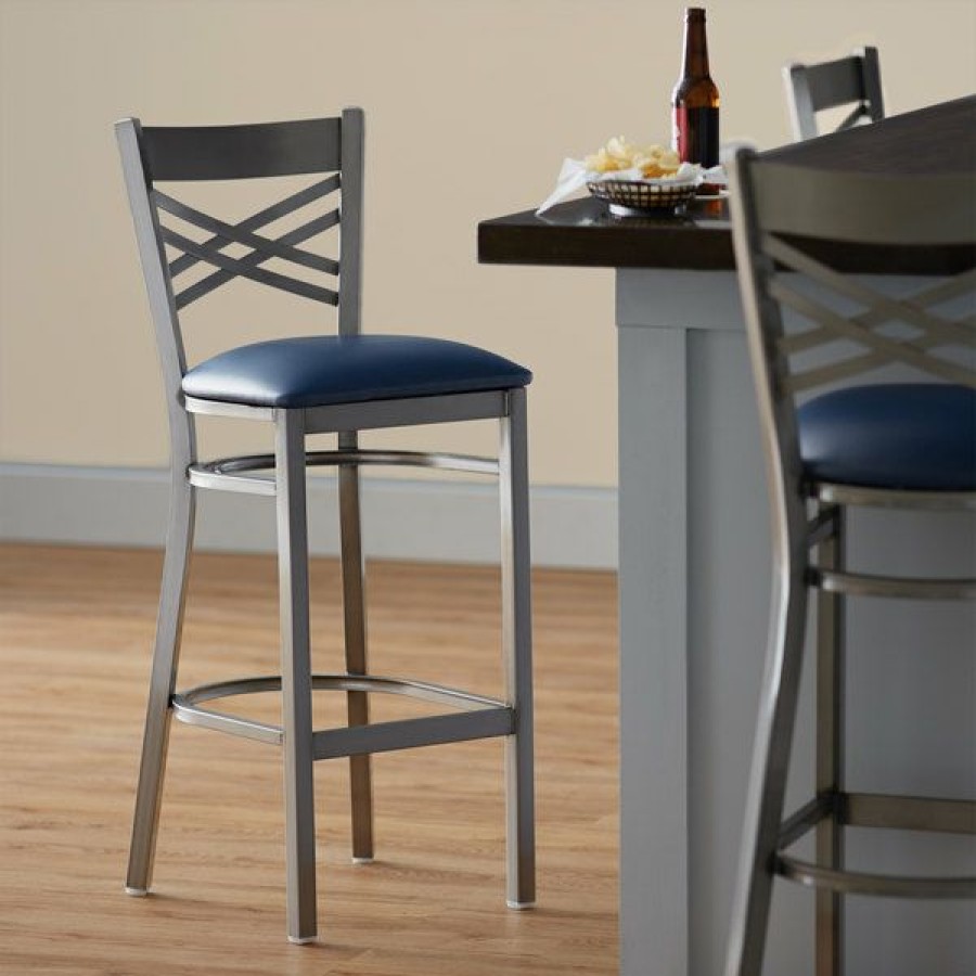 Restaurant Bar Stools * | Top 10 Lancaster Table & Seating Clear Coat Steel Cross Back Bar Height Chair With 2 1/2 Navy Vinyl Seat