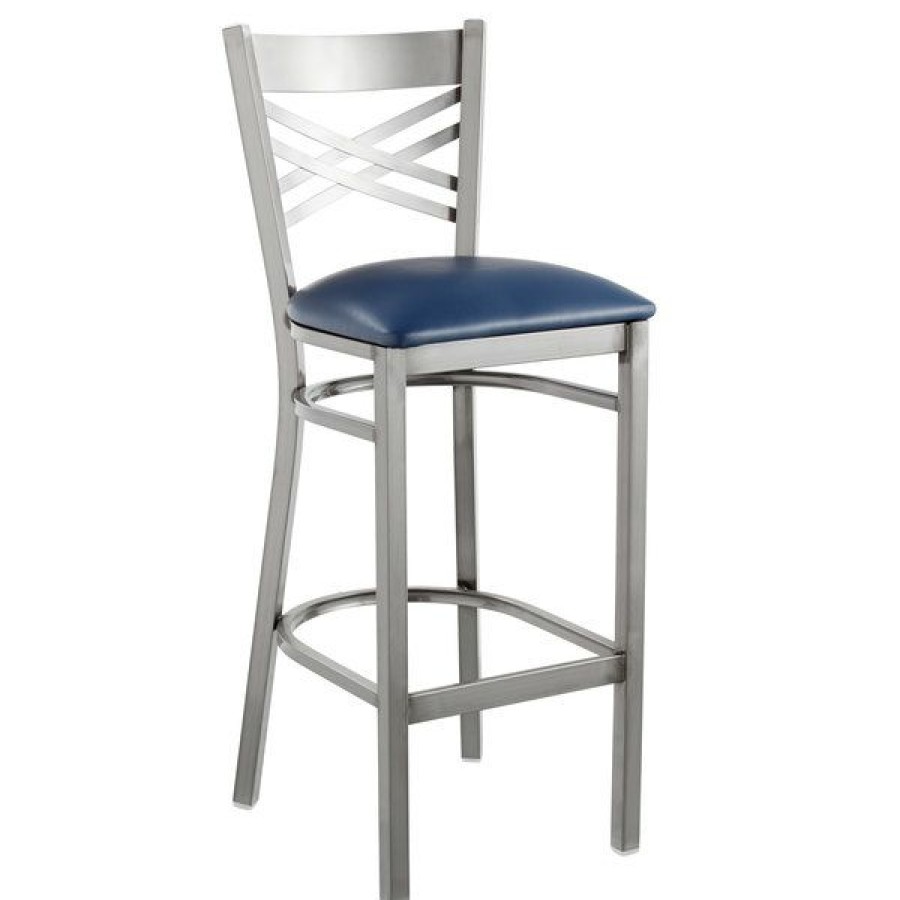 Restaurant Bar Stools * | Top 10 Lancaster Table & Seating Clear Coat Steel Cross Back Bar Height Chair With 2 1/2 Navy Vinyl Seat