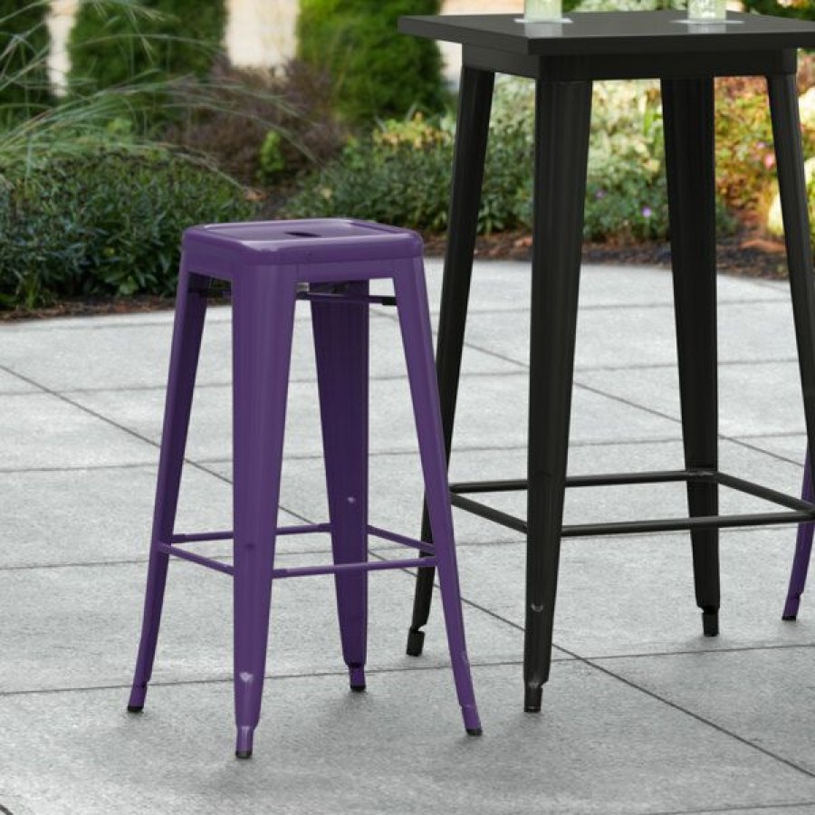 Outdoor Restaurant Bar Stools * | Flash Sale Lt&S Alloy Series Lancaster Table & Seating Alloy Series Purple Stackable Metal Indoor / Outdoor Industrial Barstool With Drain Hole Seat