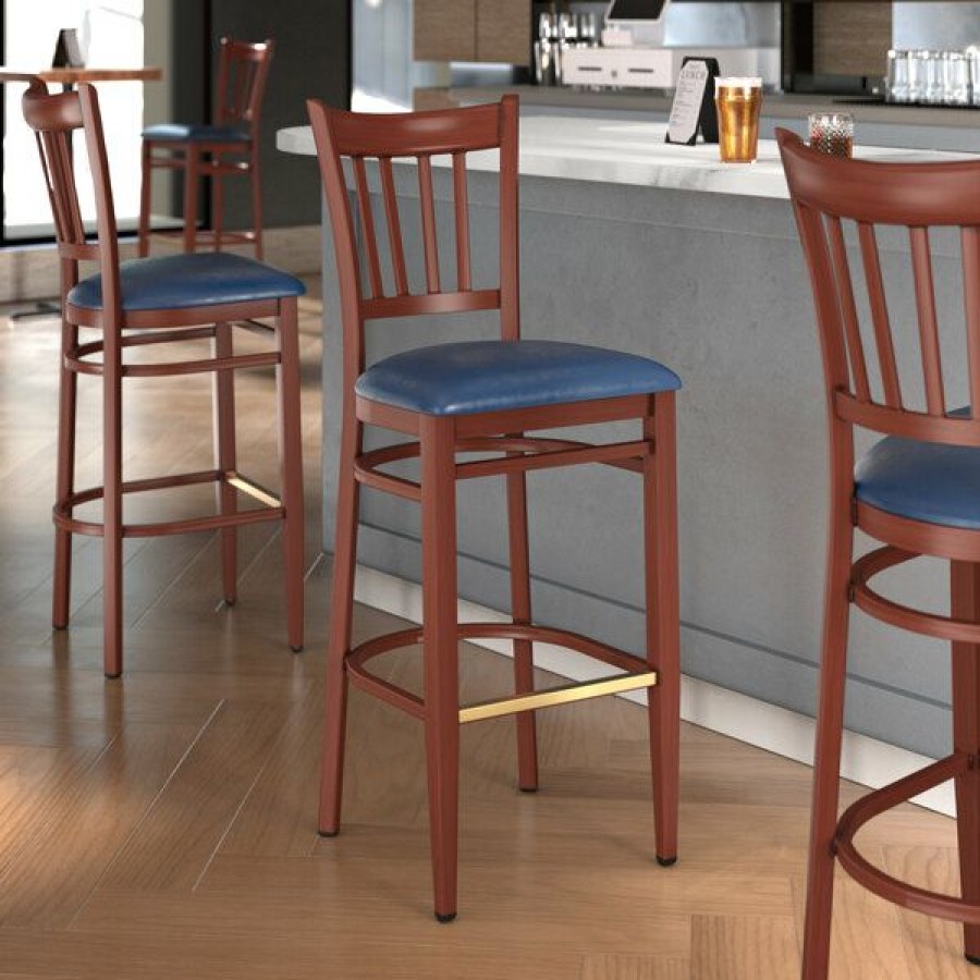 Restaurant Bar Stools * | Buy Lt&S Spartan Series Lancaster Table & Seating Spartan Series Bar Height Metal Slat Back Chair With Mahogany Wood Grain Finish And Navy Vinyl Seat