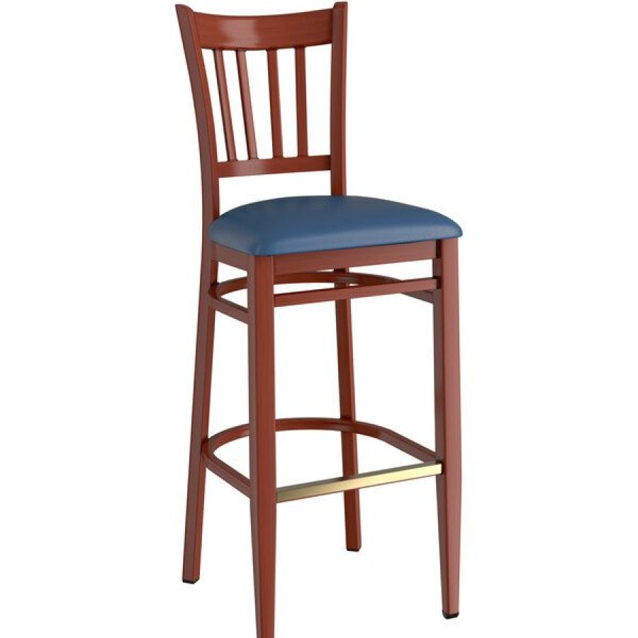 Restaurant Bar Stools * | Buy Lt&S Spartan Series Lancaster Table & Seating Spartan Series Bar Height Metal Slat Back Chair With Mahogany Wood Grain Finish And Navy Vinyl Seat