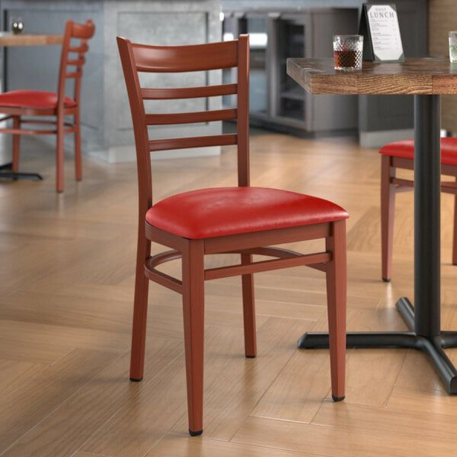 Restaurant Chairs * | Deals Lt&S Spartan Series Lancaster Table & Seating Spartan Series Metal Ladder Back Chair With Mahogany Wood Grain Finish And Red Vinyl Seat