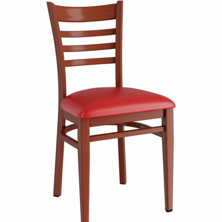 Restaurant Chairs * | Deals Lt&S Spartan Series Lancaster Table & Seating Spartan Series Metal Ladder Back Chair With Mahogany Wood Grain Finish And Red Vinyl Seat