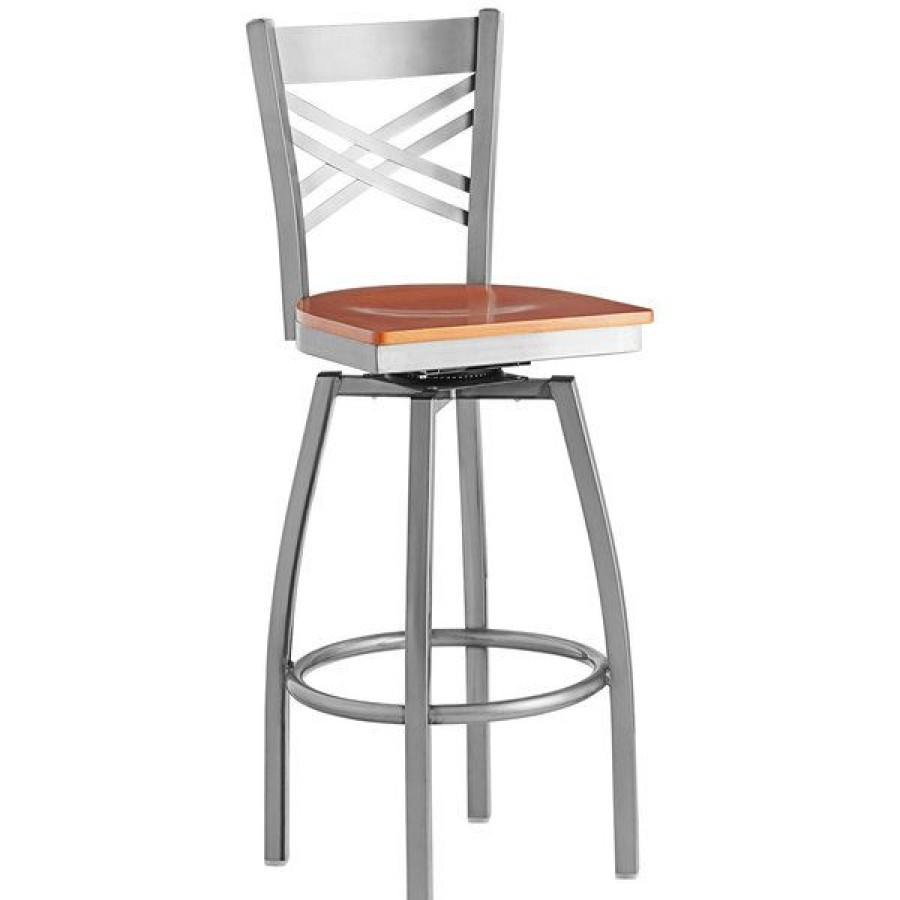 Restaurant Bar Stools * | Deals Lancaster Table & Seating Cross Back Bar Height Clear Coat Swivel Chair With Cherry Wood Seat