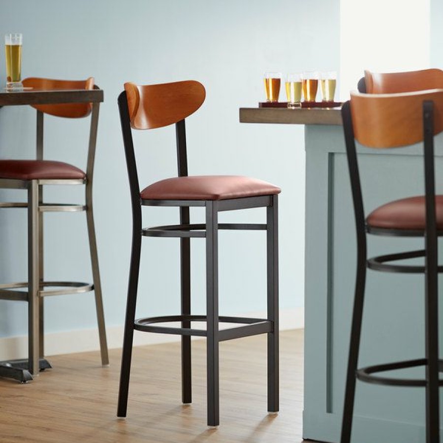 Restaurant Bar Stools * | Brand New Lt&S Boomerang Series Lancaster Table & Seating Boomerang Bar Height Black Chair With Burgundy Vinyl Seat And Cherry Back