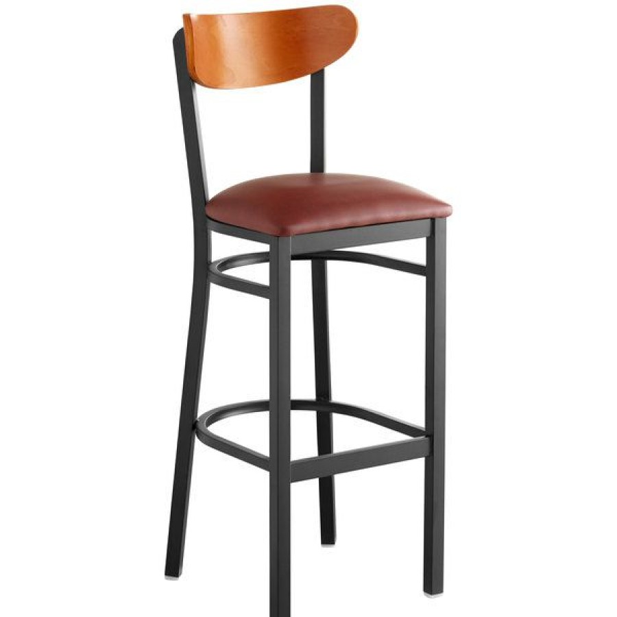 Restaurant Bar Stools * | Brand New Lt&S Boomerang Series Lancaster Table & Seating Boomerang Bar Height Black Chair With Burgundy Vinyl Seat And Cherry Back