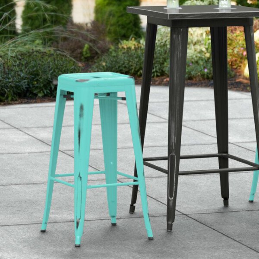 Outdoor Restaurant Bar Stools * | Best Deal Lt&S Alloy Series Lancaster Table & Seating Alloy Series Distressed Seafoam Stackable Metal Indoor / Outdoor Industrial Barstool With Drain Hole Seat