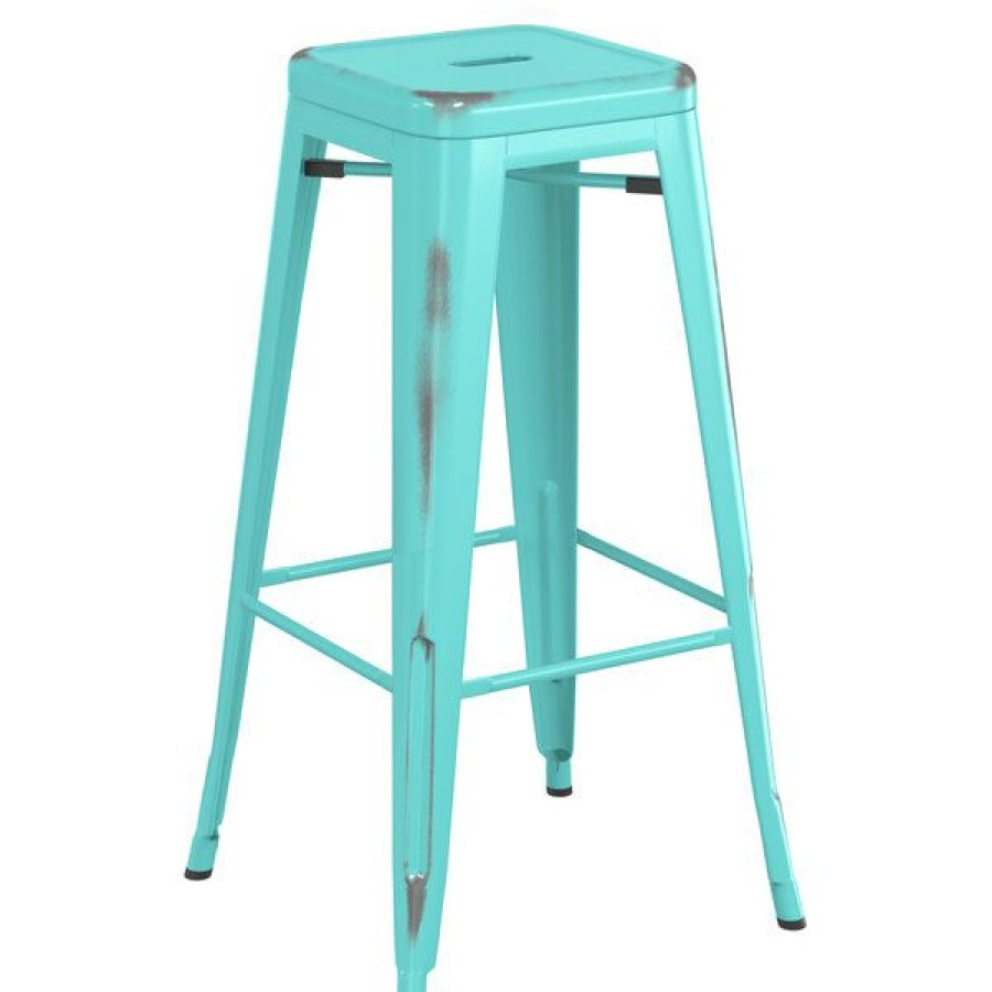 Outdoor Restaurant Bar Stools * | Best Deal Lt&S Alloy Series Lancaster Table & Seating Alloy Series Distressed Seafoam Stackable Metal Indoor / Outdoor Industrial Barstool With Drain Hole Seat