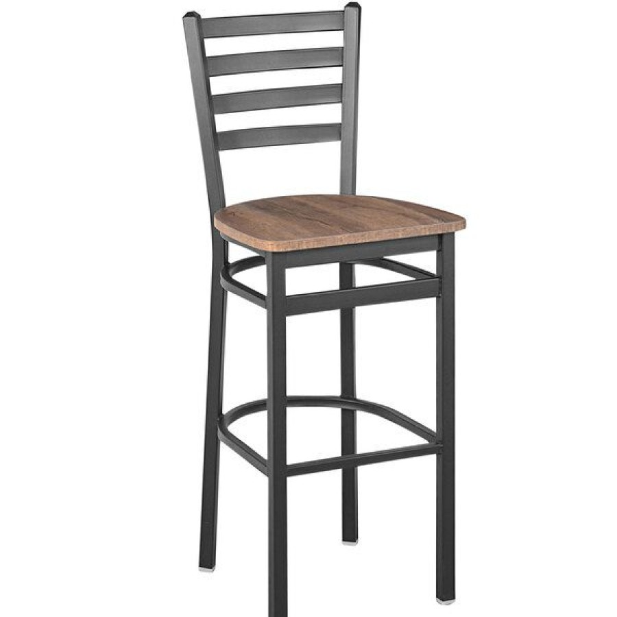 Restaurant Bar Stools * | Cheapest Bfm Seating Lima Sand Black Steel Ladder Back Barstool With Relic Knotty Pine Seat