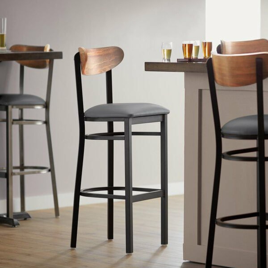 Restaurant Bar Stools * | Best Pirce Lt&S Boomerang Series Lancaster Table & Seating Boomerang Bar Height Black Chair With Dark Gray Vinyl Seat And Vintage Wood Back