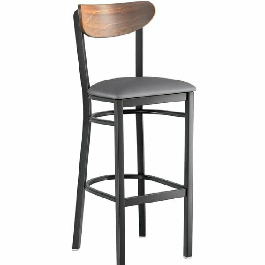 Restaurant Bar Stools * | Best Pirce Lt&S Boomerang Series Lancaster Table & Seating Boomerang Bar Height Black Chair With Dark Gray Vinyl Seat And Vintage Wood Back