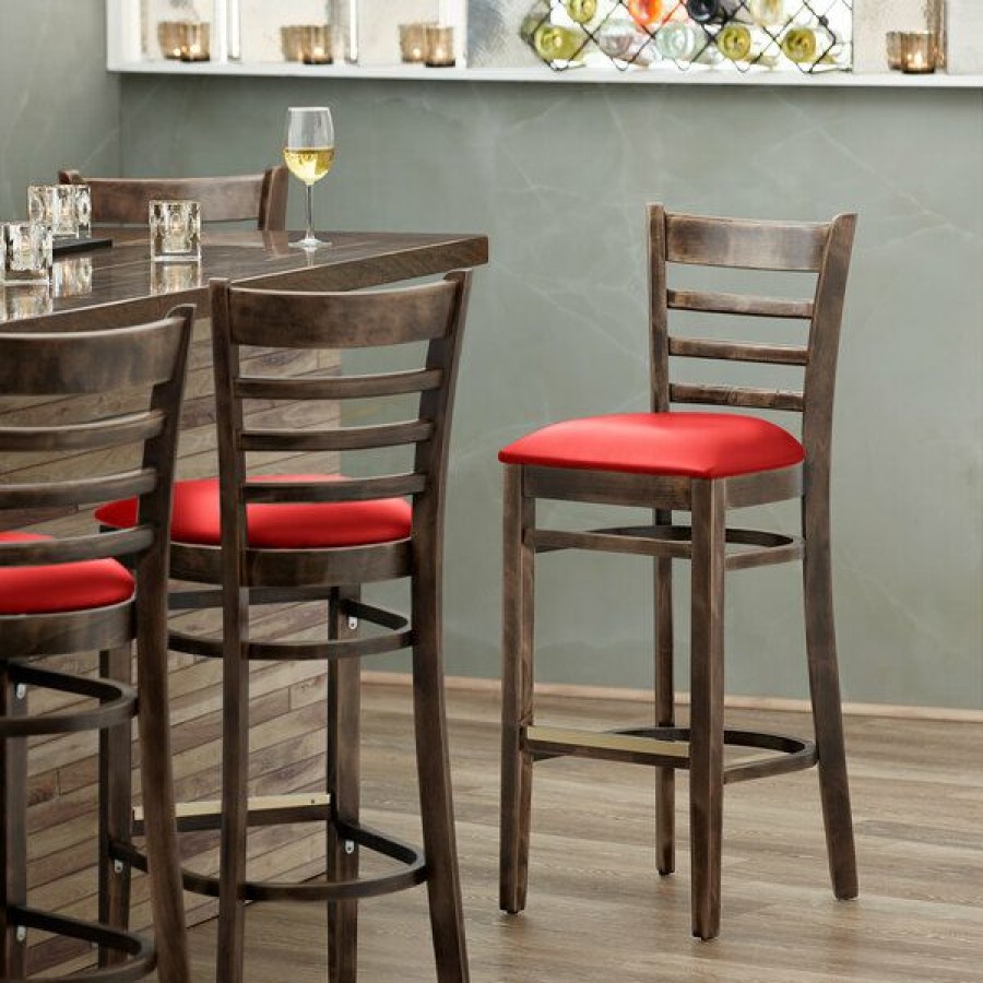 Restaurant Bar Stools * | Discount Lancaster Table & Seating Vintage Finish Ladder Back Bar Height Chair With Red Padded Seat