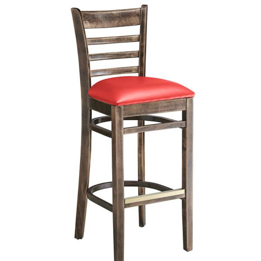 Restaurant Bar Stools * | Discount Lancaster Table & Seating Vintage Finish Ladder Back Bar Height Chair With Red Padded Seat