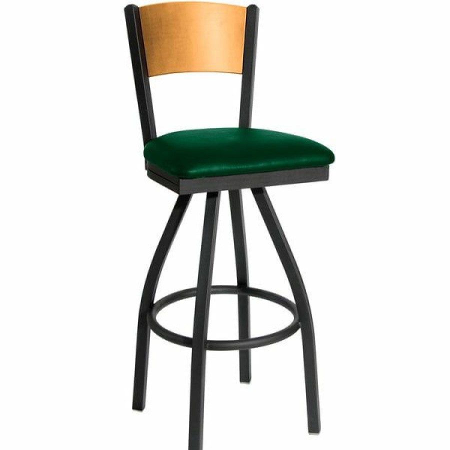 Restaurant Bar Stools * | Brand New Bfm Seating 2150Sgnv-Ntsb Dale Sand Black Metal Swivel Bar Height Chair With Natural Finish Wooden Back And 2 Green Vinyl Seat