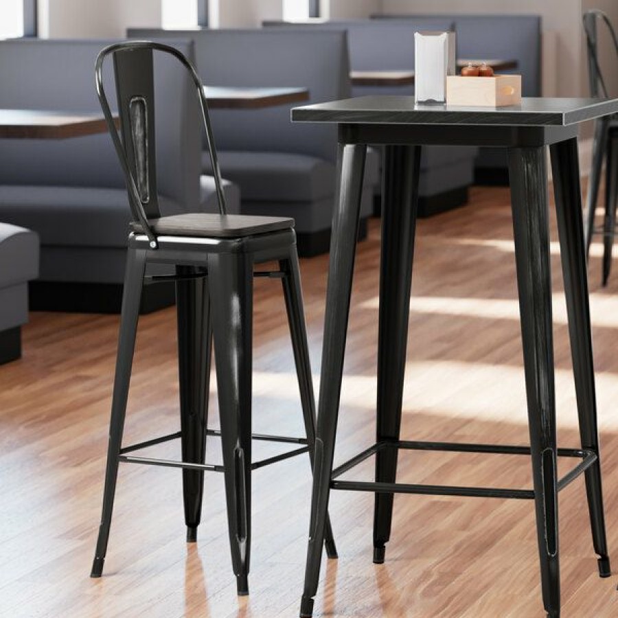 Restaurant Bar Stools * | Brand New Lt&S Alloy Series Lancaster Table & Seating Alloy Series Distressed Black Metal Indoor Industrial Cafe Bar Height Stool With Vertical Slat Back And Black Wood Seat