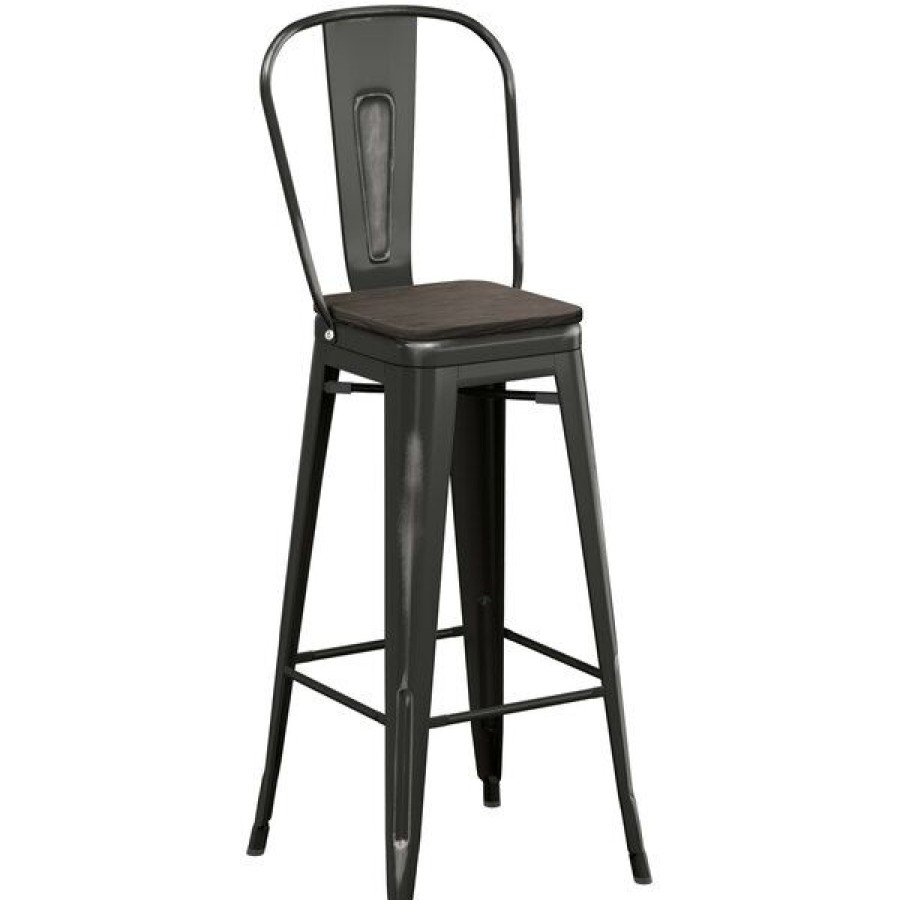 Restaurant Bar Stools * | Brand New Lt&S Alloy Series Lancaster Table & Seating Alloy Series Distressed Black Metal Indoor Industrial Cafe Bar Height Stool With Vertical Slat Back And Black Wood Seat