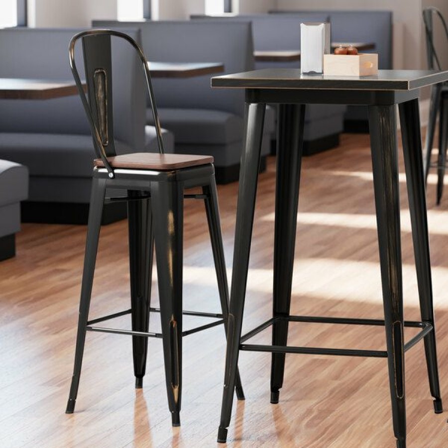 Restaurant Bar Stools * | Budget Lt&S Alloy Series Lancaster Table & Seating Alloy Series Distressed Copper Metal Indoor Industrial Cafe Bar Height Stool With Vertical Slat Back And Walnut Wood Seat