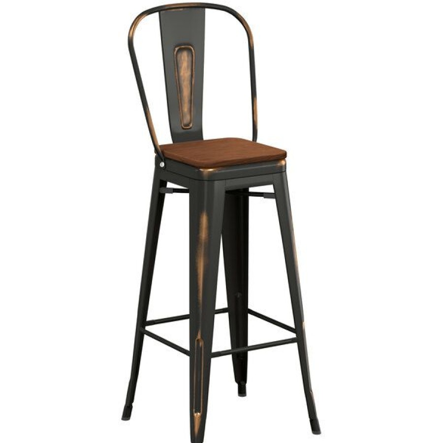 Restaurant Bar Stools * | Budget Lt&S Alloy Series Lancaster Table & Seating Alloy Series Distressed Copper Metal Indoor Industrial Cafe Bar Height Stool With Vertical Slat Back And Walnut Wood Seat