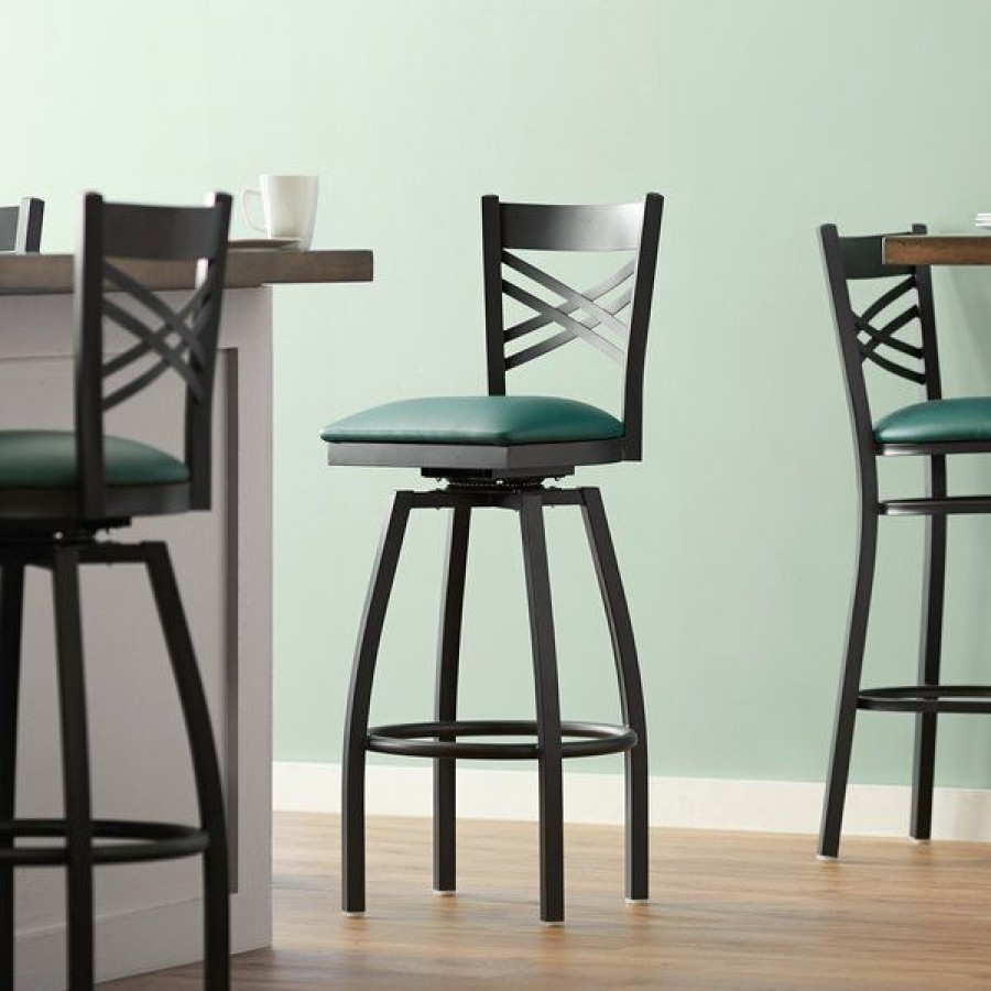 Restaurant Bar Stools * | Cheapest Lancaster Table & Seating Cross Back Bar Height Black Swivel Chair With Green Vinyl Seat