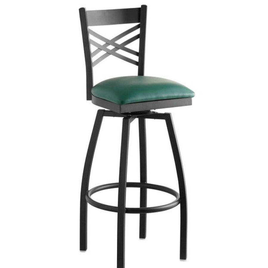 Restaurant Bar Stools * | Cheapest Lancaster Table & Seating Cross Back Bar Height Black Swivel Chair With Green Vinyl Seat