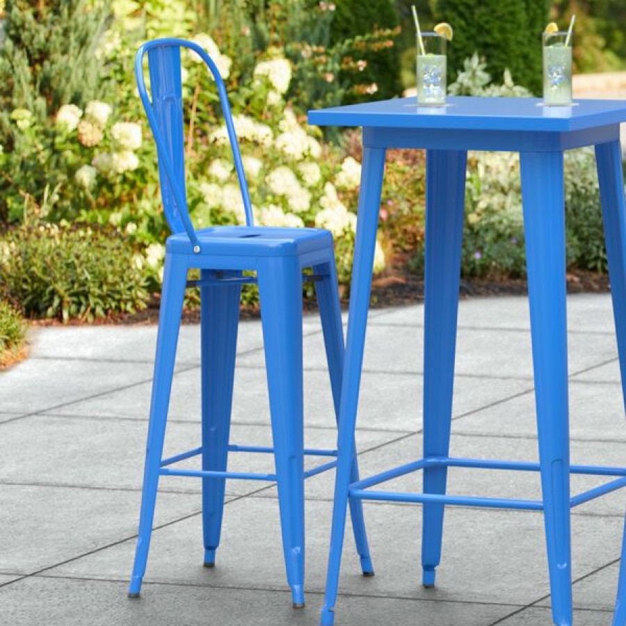 Outdoor Restaurant Bar Stools * | Best Pirce Lt&S Alloy Series Lancaster Table & Seating Alloy Series Blue Metal Indoor / Outdoor Industrial Cafe Barstool With Vertical Slat Back And Drain Hole Seat