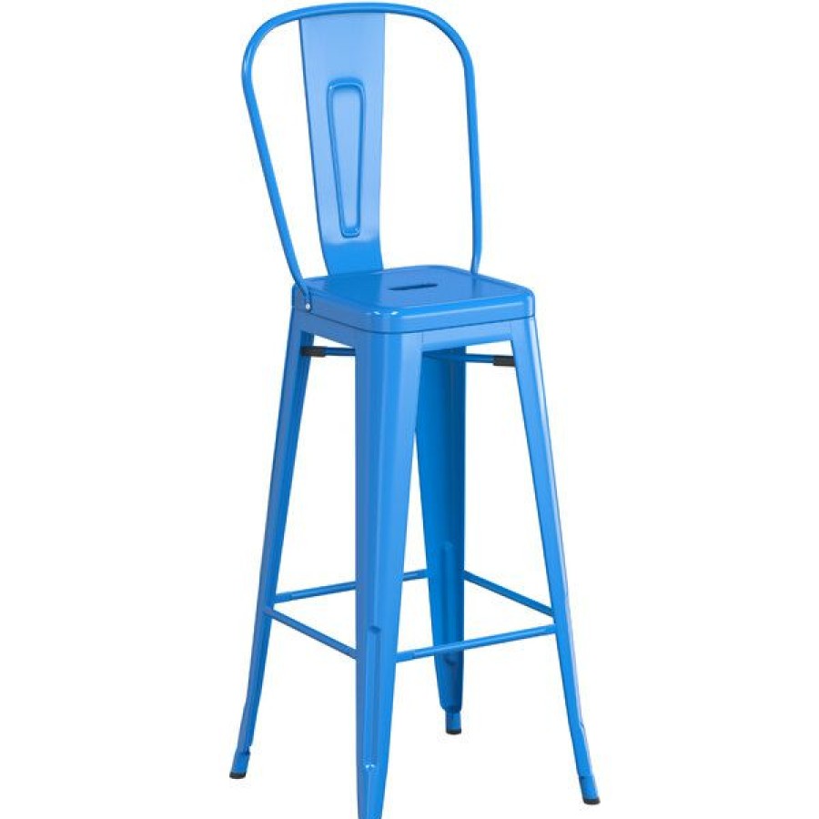 Outdoor Restaurant Bar Stools * | Best Pirce Lt&S Alloy Series Lancaster Table & Seating Alloy Series Blue Metal Indoor / Outdoor Industrial Cafe Barstool With Vertical Slat Back And Drain Hole Seat