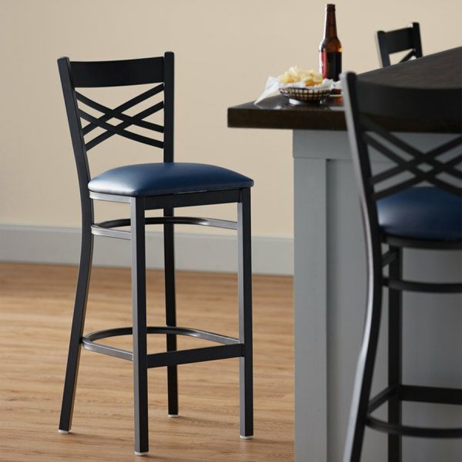 Restaurant Bar Stools * | Cheap Lancaster Table & Seating Cross Back Bar Height Black Chair With Navy Vinyl Seat