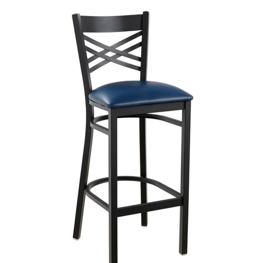 Restaurant Bar Stools * | Cheap Lancaster Table & Seating Cross Back Bar Height Black Chair With Navy Vinyl Seat