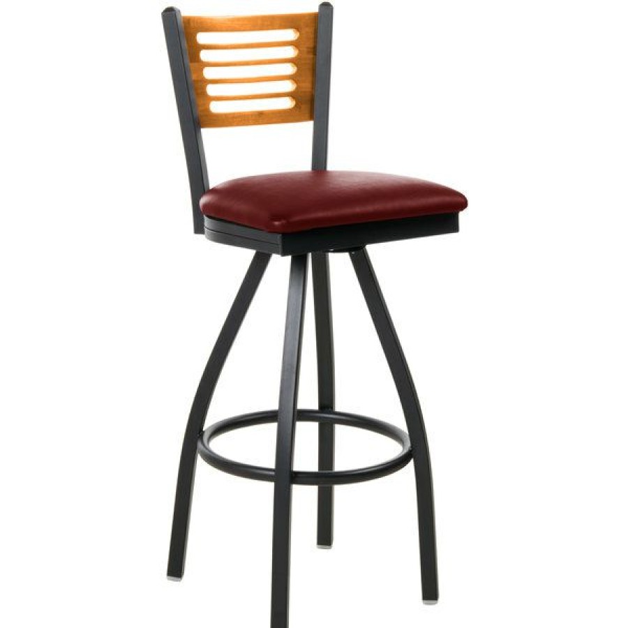 Restaurant Bar Stools * | New Bfm Seating 2151Sbuv-Ntsb Espy Sand Black Metal Bar Height Chair With Natural Wooden Back And 2 Burgundy Vinyl Swivel Seat