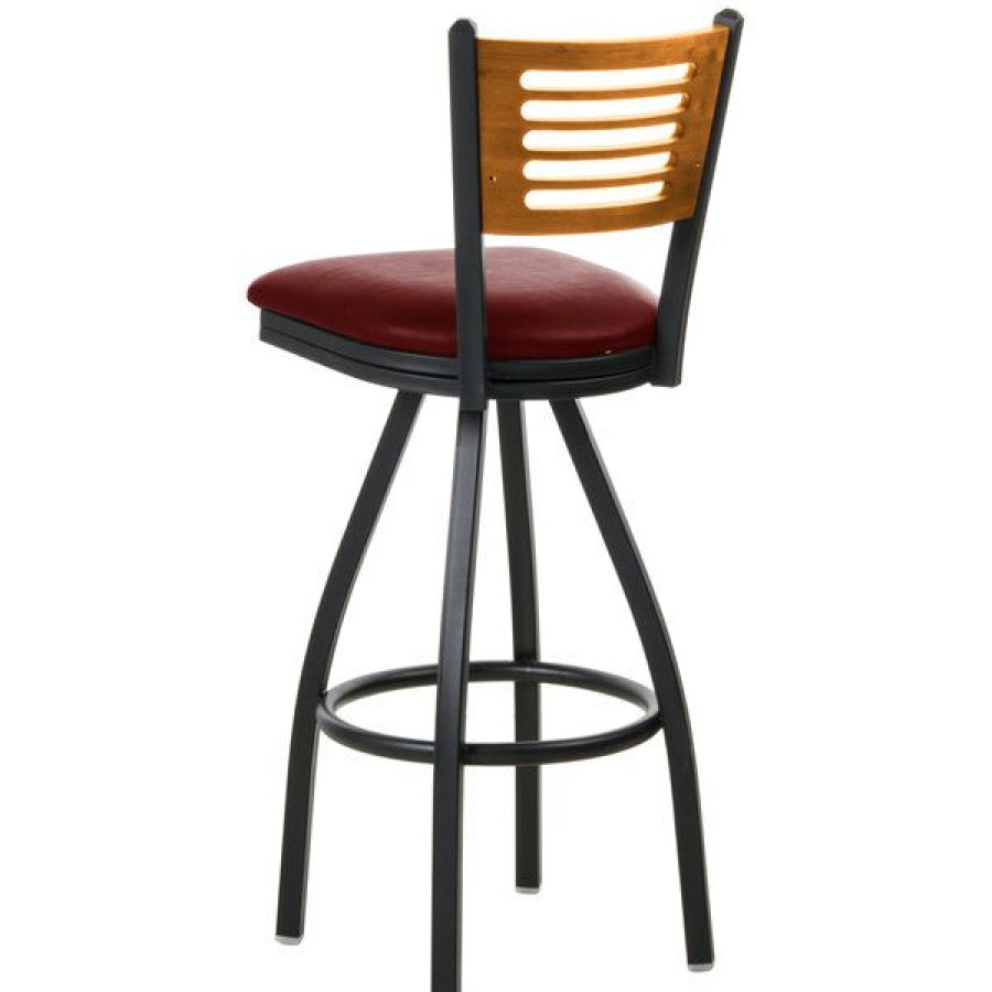 Restaurant Bar Stools * | New Bfm Seating 2151Sbuv-Ntsb Espy Sand Black Metal Bar Height Chair With Natural Wooden Back And 2 Burgundy Vinyl Swivel Seat