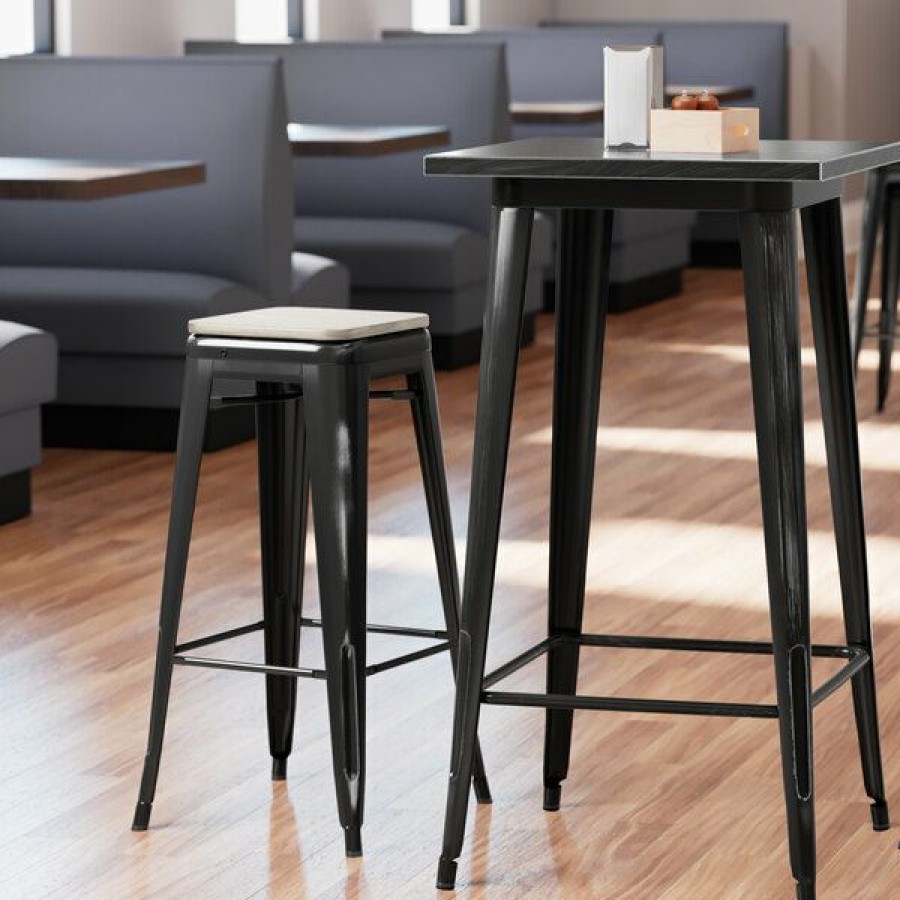 Restaurant Bar Stools * | Brand New Lt&S Alloy Series Lancaster Table & Seating Alloy Series Distressed Black Stackable Metal Indoor Industrial Barstool With Gray Wood Seat