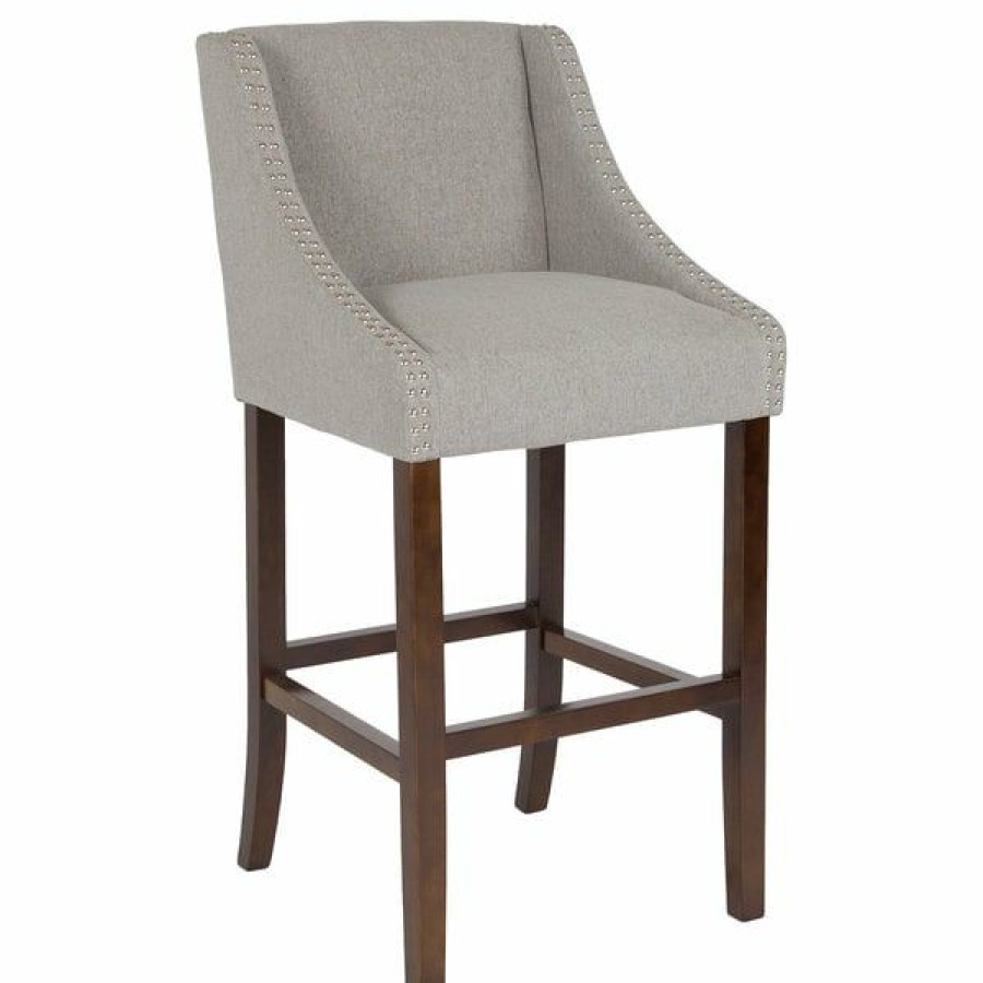 Restaurant Bar Stools * | Deals Flash Furniture Ch-182020-30-Ltgy-F-Gg Carmel Series Light Gray Fabric Bar Stool With Walnut Frame And Nail Trim Accent