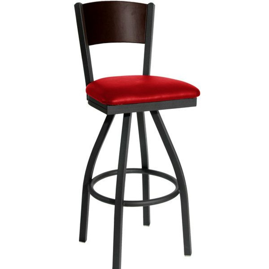 Restaurant Bar Stools * | Top 10 Bfm Seating 2150Srdv-Wasb Dale Sand Black Metal Swivel Bar Height Chair With Walnut Finish Wooden Back And 2 Red Vinyl Seat