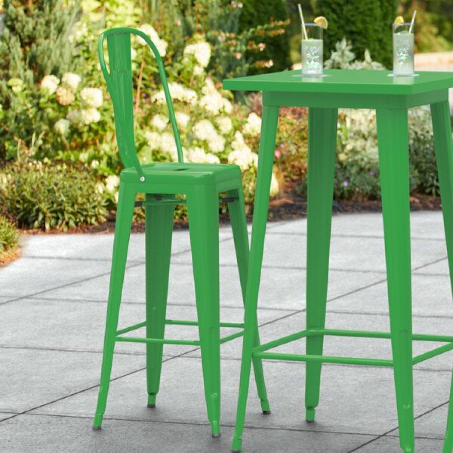 Outdoor Restaurant Bar Stools * | Budget Lt&S Alloy Series Lancaster Table & Seating Alloy Series Green Metal Indoor / Outdoor Industrial Cafe Barstool With Vertical Slat Back And Drain Hole Seat