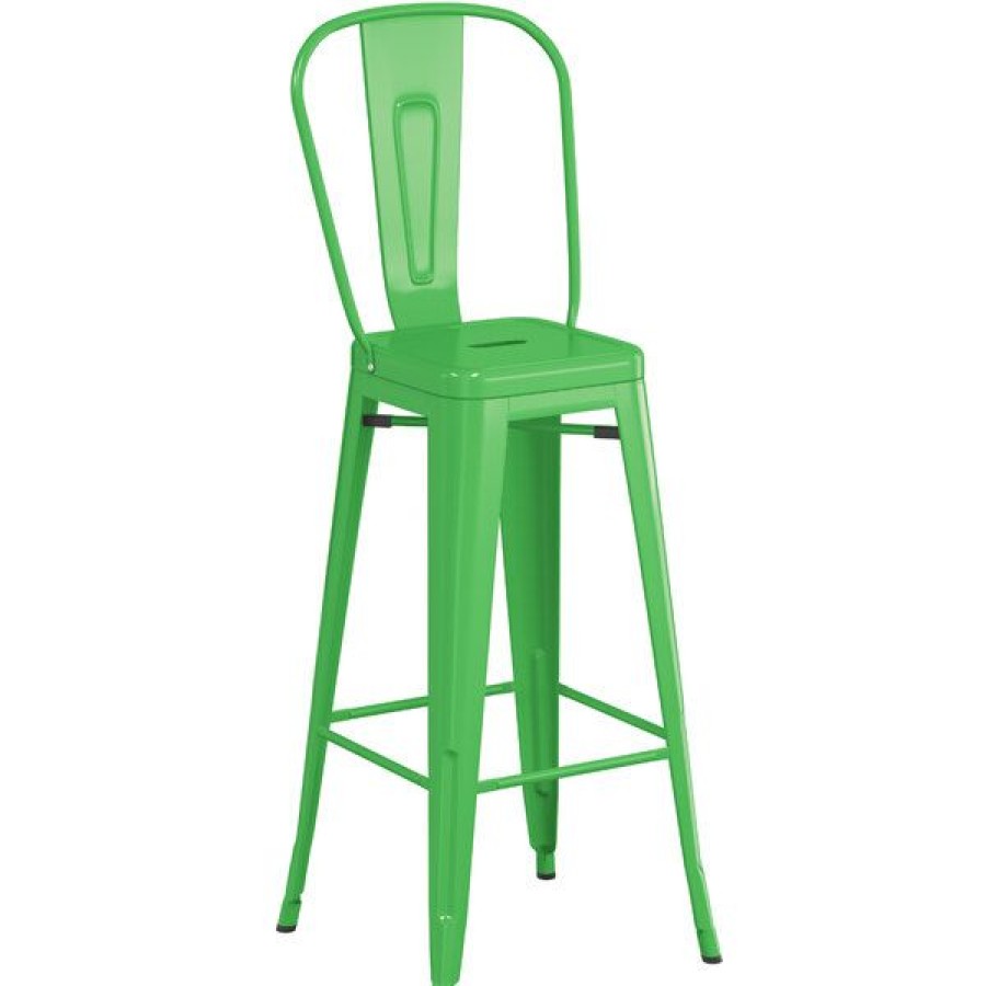 Outdoor Restaurant Bar Stools * | Budget Lt&S Alloy Series Lancaster Table & Seating Alloy Series Green Metal Indoor / Outdoor Industrial Cafe Barstool With Vertical Slat Back And Drain Hole Seat