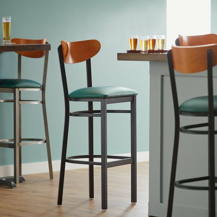 Restaurant Bar Stools * | Best Pirce Lt&S Boomerang Series Lancaster Table & Seating Boomerang Bar Height Black Chair With Green Vinyl Seat And Cherry Back