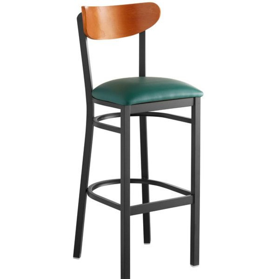 Restaurant Bar Stools * | Best Pirce Lt&S Boomerang Series Lancaster Table & Seating Boomerang Bar Height Black Chair With Green Vinyl Seat And Cherry Back