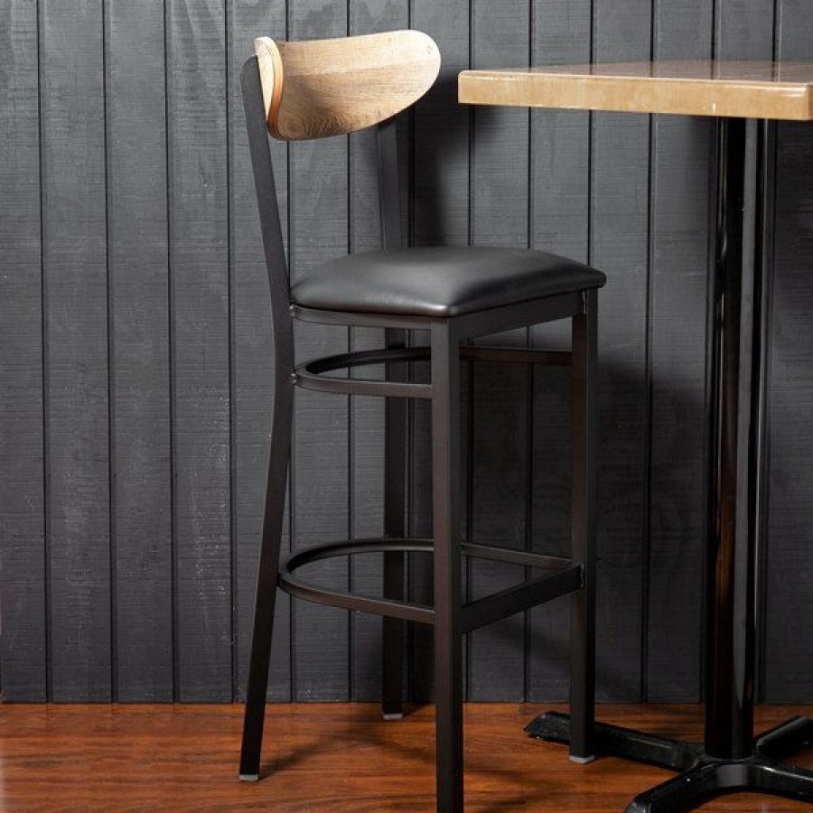 Restaurant Bar Stools * | Cheapest Lt&S Boomerang Series Lancaster Table & Seating Boomerang Bar Height Black Chair With Black Vinyl Seat And Driftwood Back