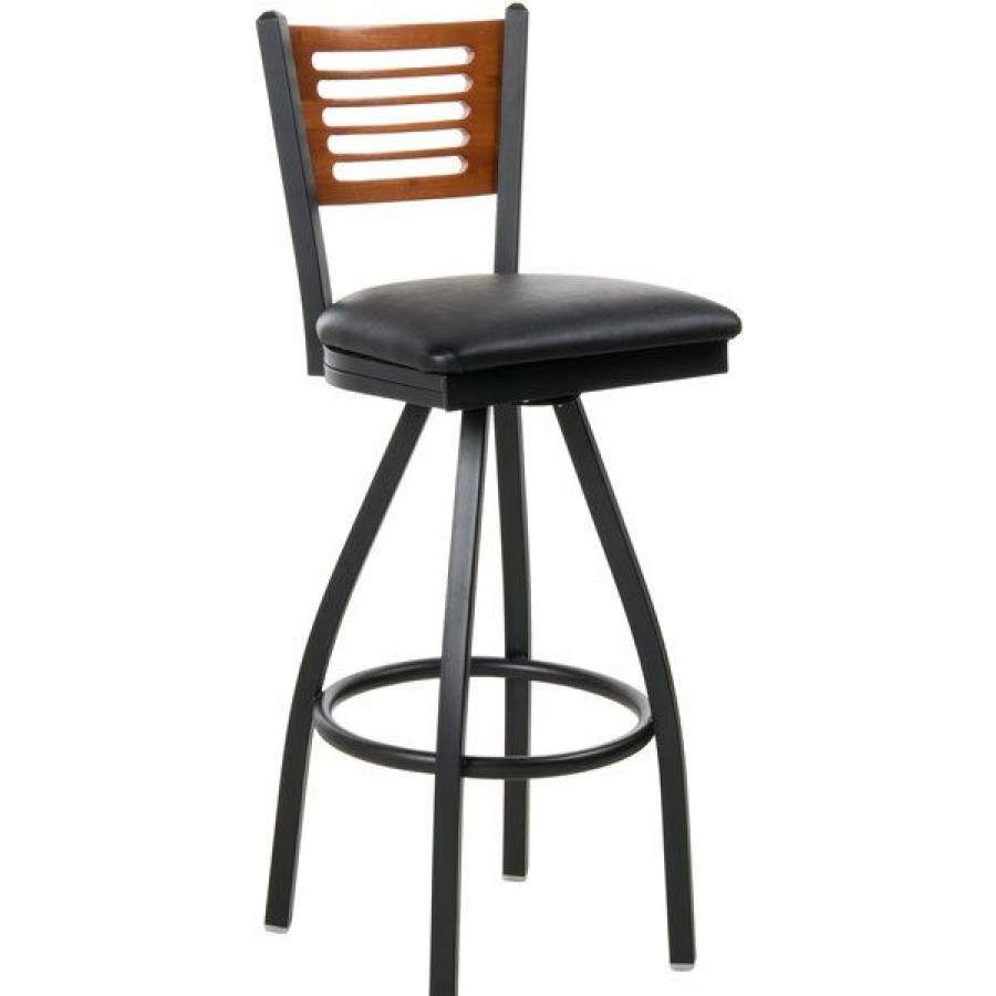 Restaurant Bar Stools * | Budget Bfm Seating 2151Sblv-Chsb Espy Sand Black Metal Bar Height Chair With Cherry Wooden Back And 2 Black Vinyl Swivel Seat